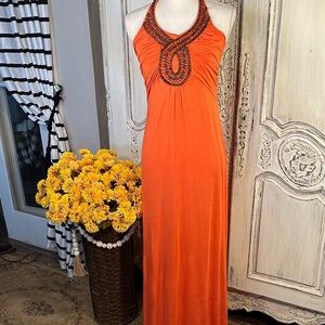 A.N.A. Orange Jersey Knit Halter Maxi Dress with Wood Beading Details